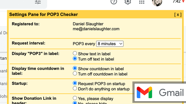 Screenshot of the Gmail POP3 Script settings